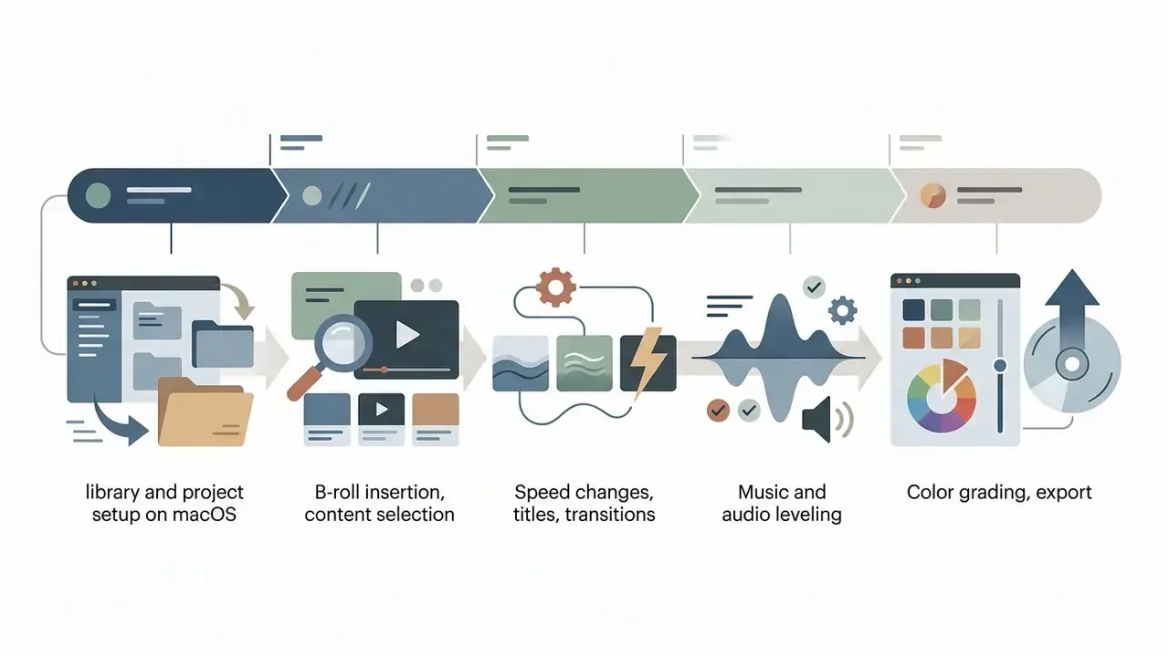 Visual progression of video editing steps from macOS project setup to final color grading and export