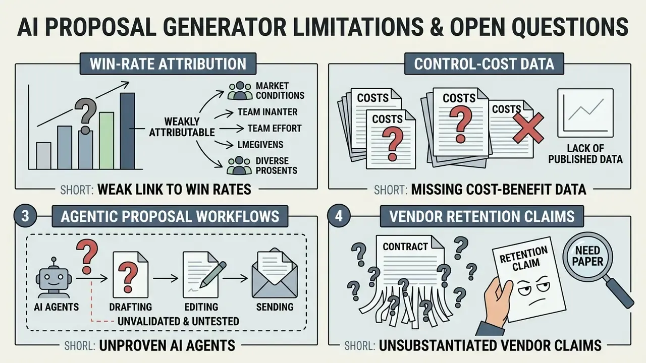 Four quadrants highlighting research gaps regarding win rates, cost data, agent workflows, and vendor claims