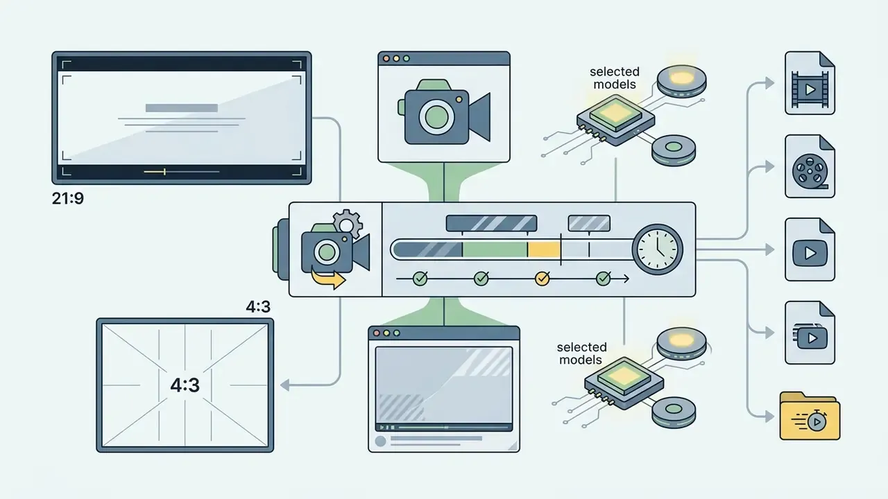 Central control panel connecting camera inputs and processors to various aspect ratio frames and file outputs