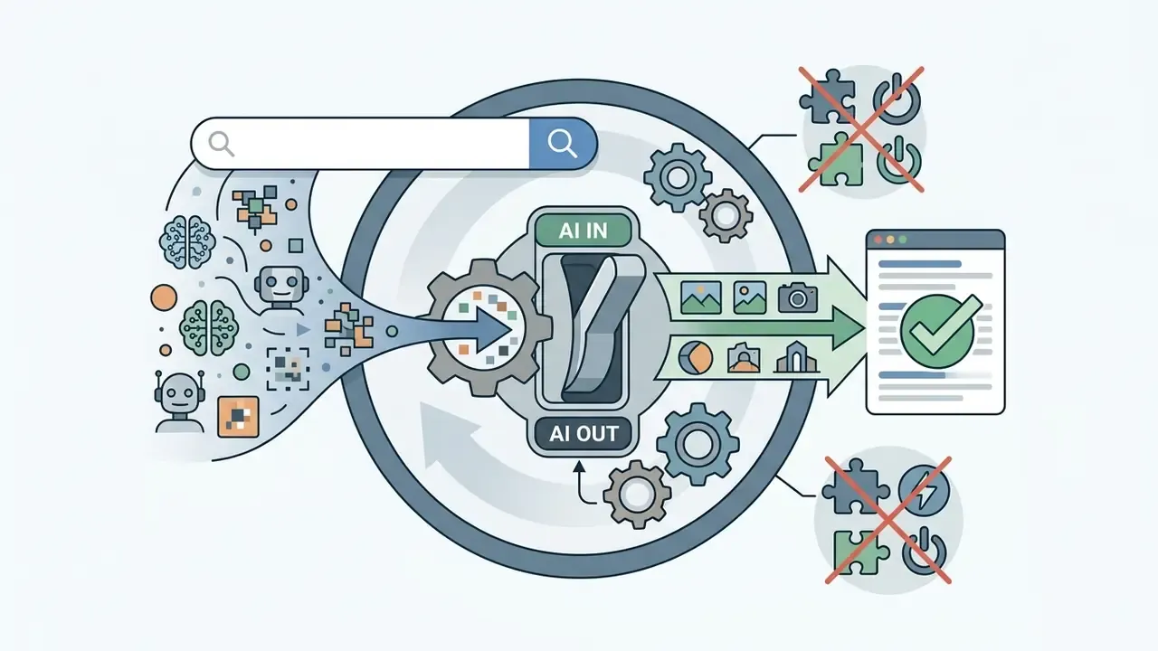 Search bar data flowing through a toggle switch to filter AI content without third-party extensions