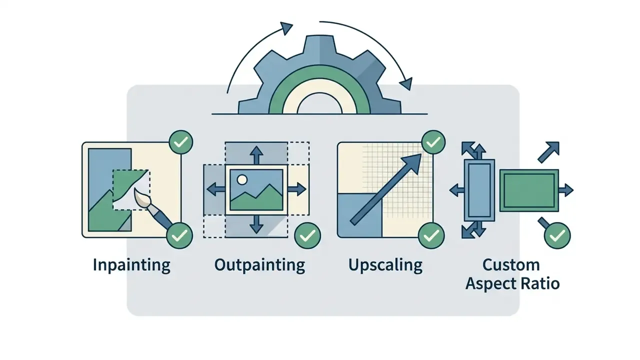 Icons representing AI image generator editing features including inpainting, outpainting, upscaling, and aspect ratio