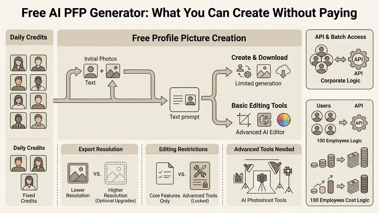 Summary of free tier limitations including daily credits, export resolution, and corporate API access