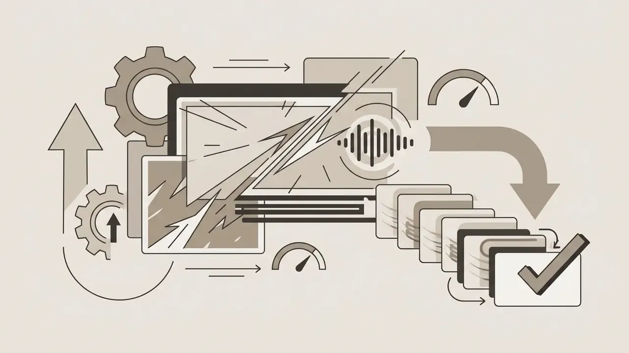 Gears and audio waveforms processing digital frames into a completed funny AI video sequence