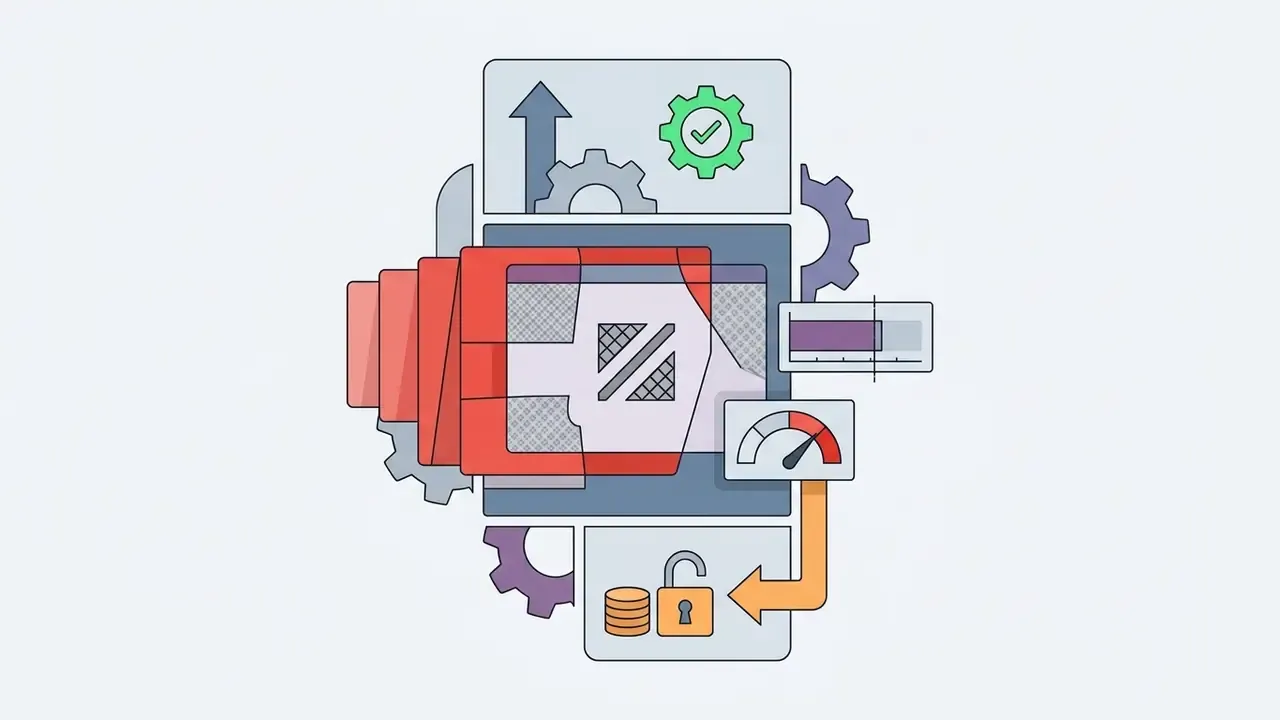 Abstract graphic showing gears, a progress bar, and a padlock icon representing service restrictions