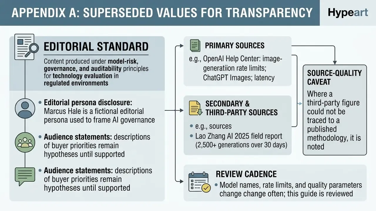 Flowchart outlining editorial standards, source verification methods, and review cadences for AI content