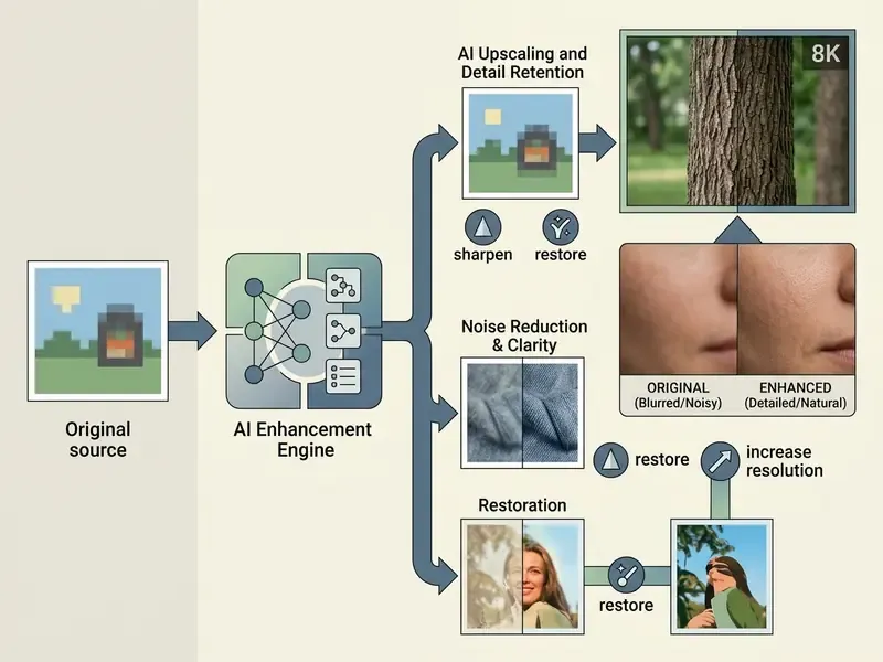 Flowchart showing an enhancement engine processing source images into upscaled and restored outputs