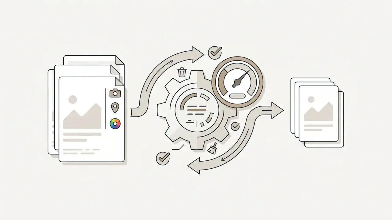 Files with metadata moving through a gear mechanism to emerge as optimized images without extra data