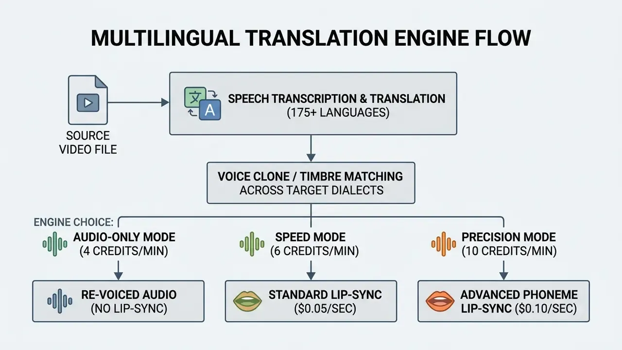 Flowchart illustrating the HeyGen AI video generator translation pipeline from source file to output modes