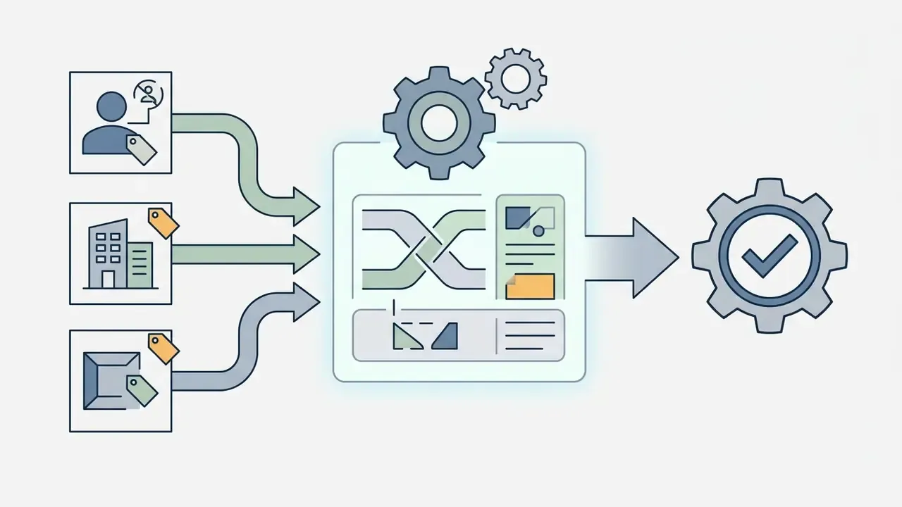 Diagram showing three tagged input sources merging into a processing block to create a final output
