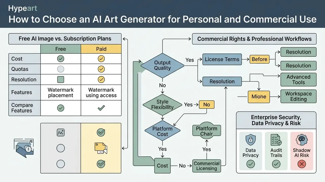 Comparison table and decision flowchart for selecting an AI art generator based on cost and security