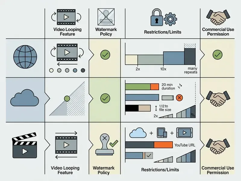 Table comparing video tool features including watermarks, usage restrictions, and commercial permissions