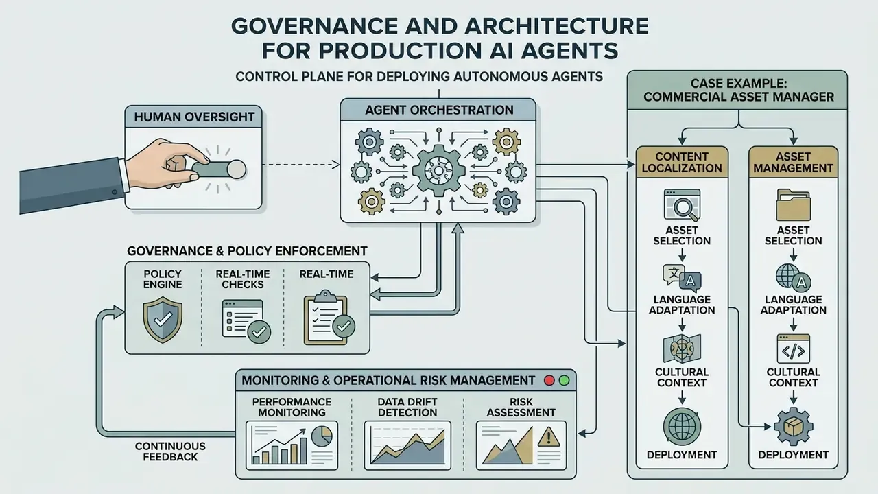 System architecture diagram showing agent orchestration, human oversight, and risk management workflows