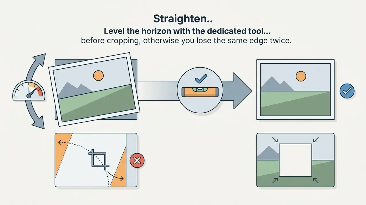 Tilted photo being leveled by a spirit level tool before cropping to avoid losing image edges