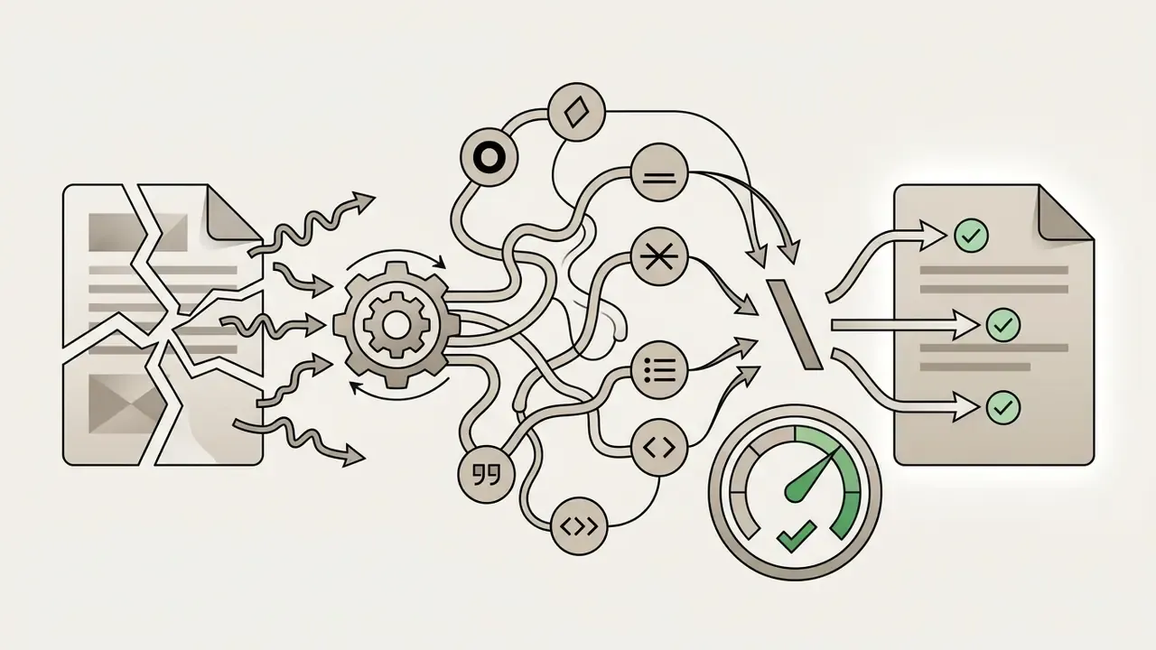 Broken document feeding into a gear hub that processes formatting symbols into a clean checklist