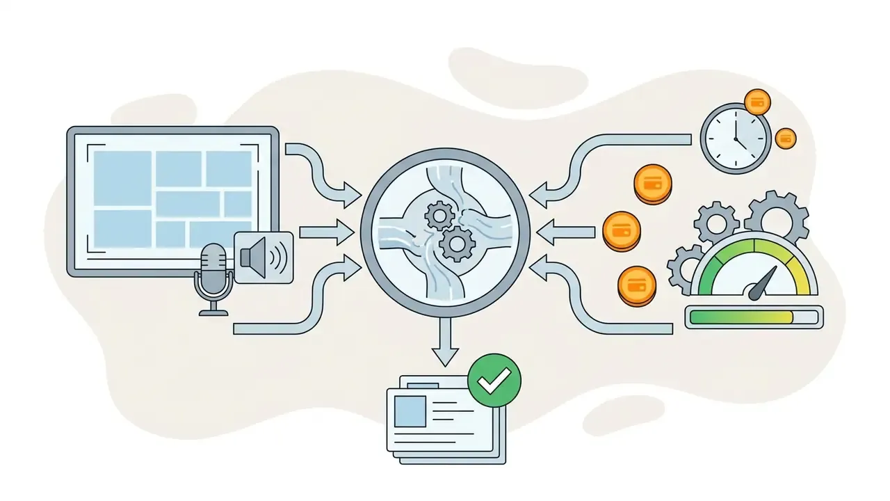 Icons representing video and audio settings flowing into a central processor to calculate Kling AI credits