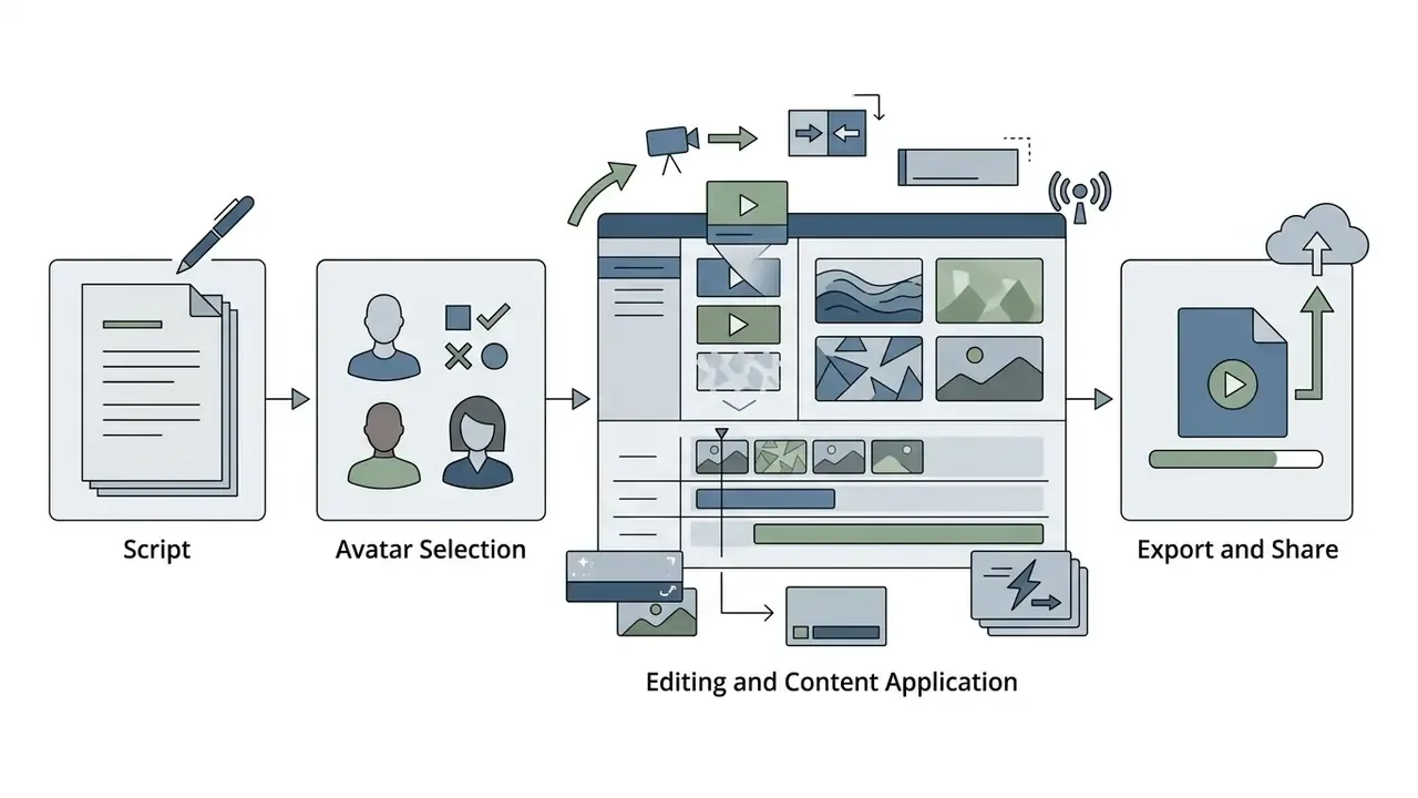 Workflow showing script writing, avatar selection, video editing with visual assets, and final export