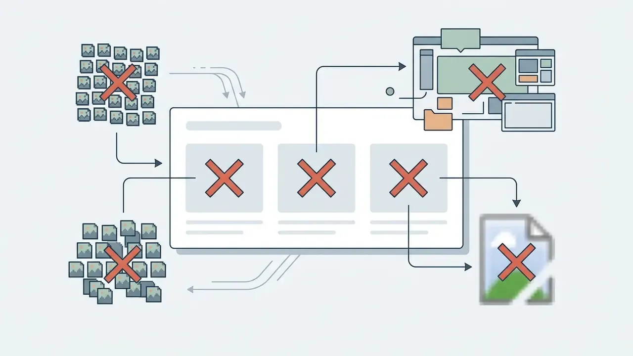 Flowchart showing clusters of files and UI windows marked with red X symbols to indicate unsuitable inputs
