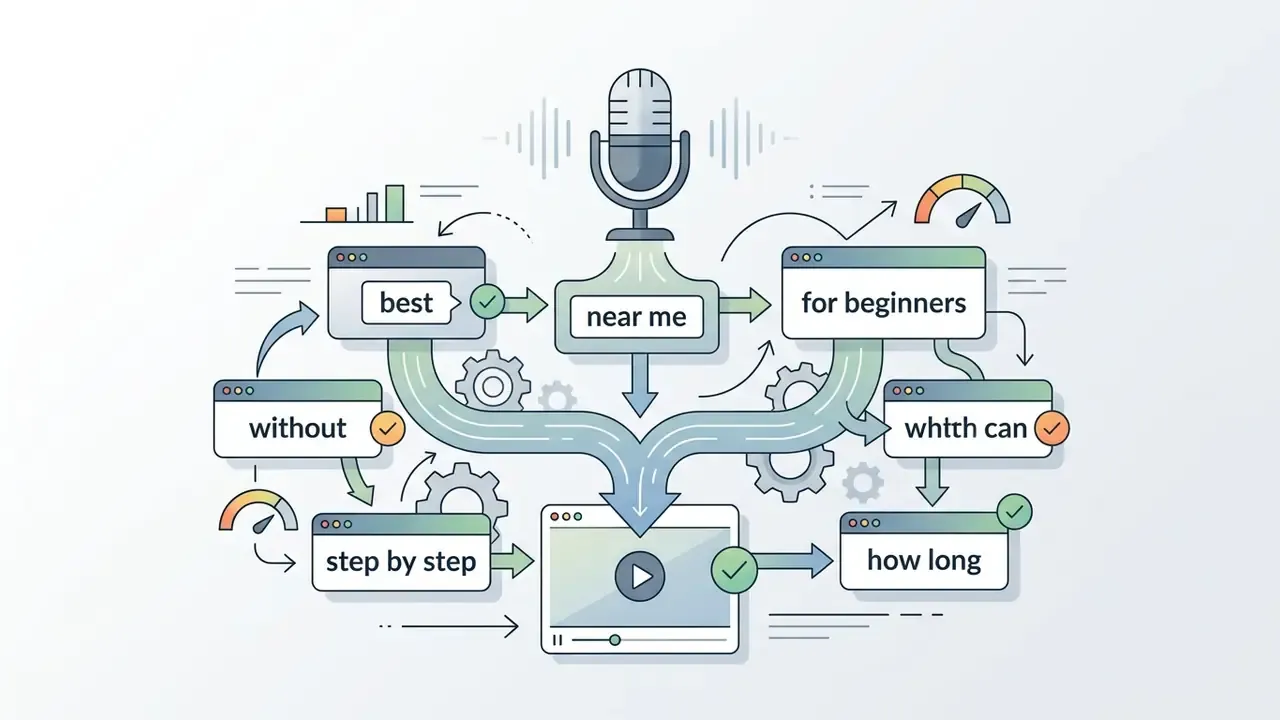 Microphone icon connected to text boxes with voice search phrases feeding into a video player