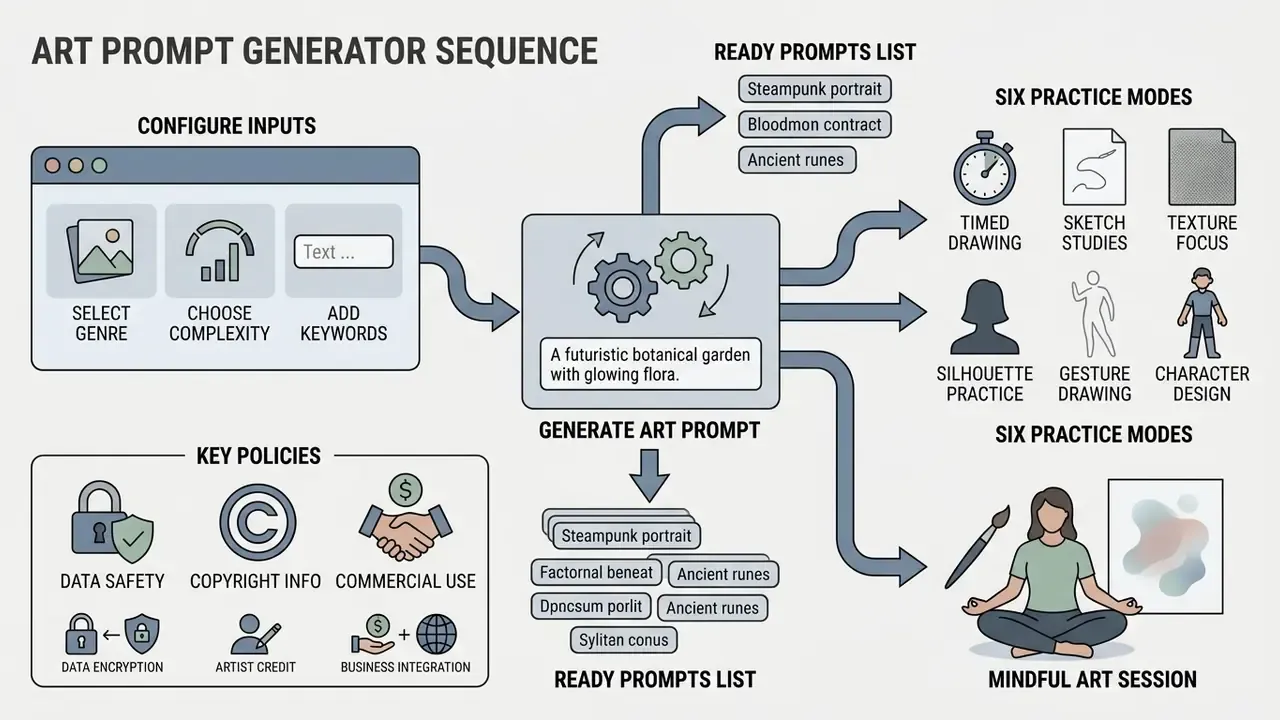 Diagram detailing the art prompt generator workflow from input configuration to practice mode selection