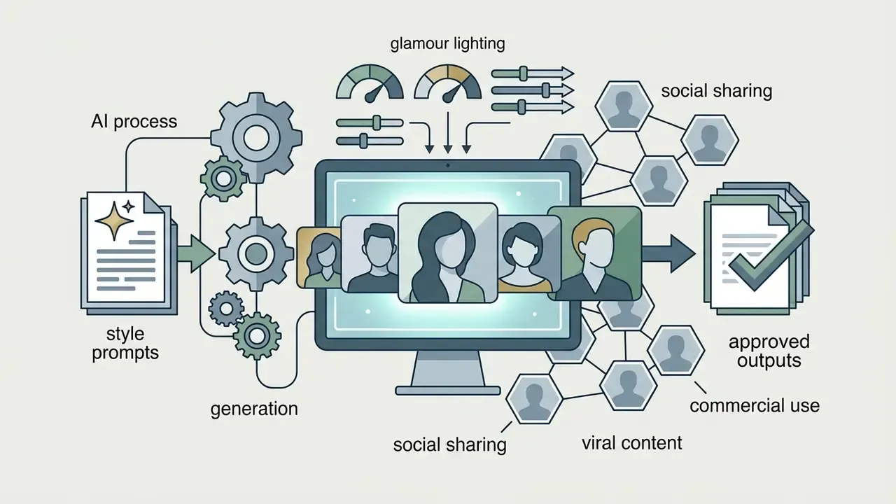 Style prompts and gears processing into stylized portraits on a screen with social sharing icons