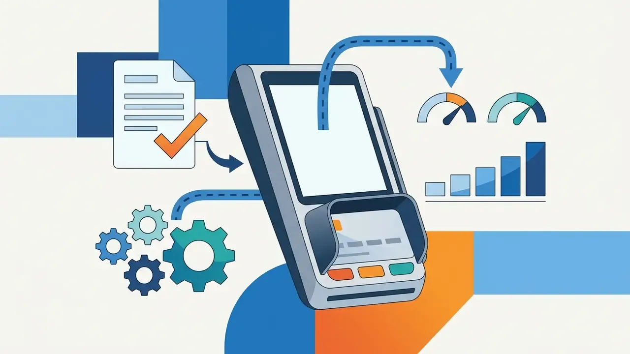 Payment terminal connected to document processing, gear mechanisms, and data performance gauges