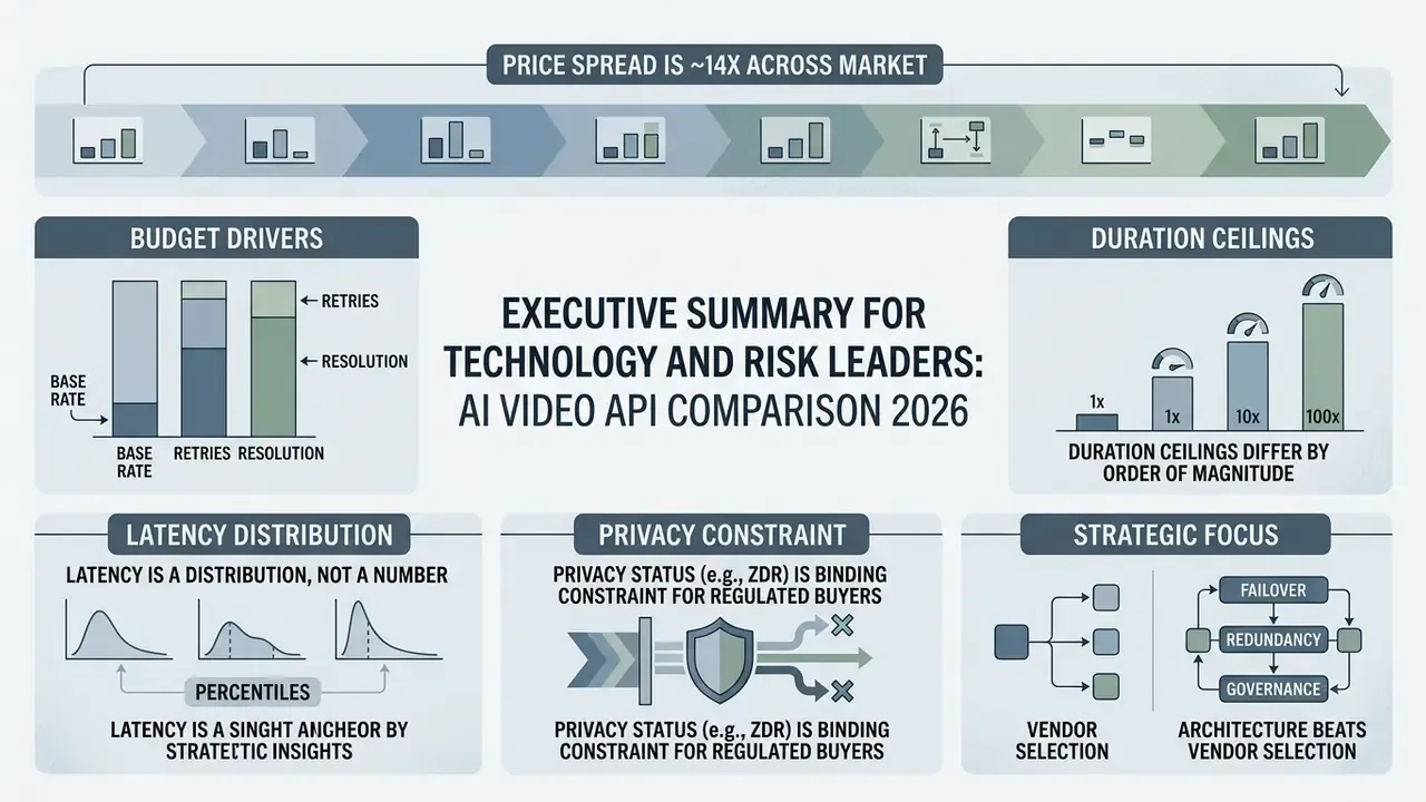 Infographic summarizing budget, latency, privacy, and architecture factors for an AI Video API comparison