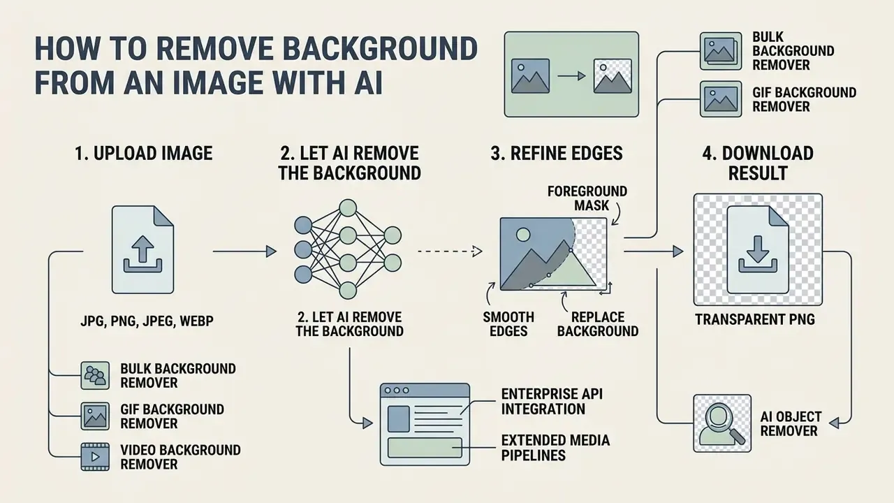 Four step workflow infographic showing file upload, neural network processing, edge refinement, and export