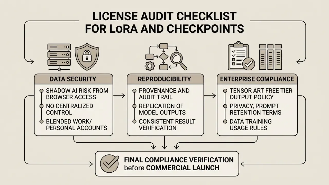 Checklist for LoRA and checkpoint audits covering data security, model reproducibility, and compliance