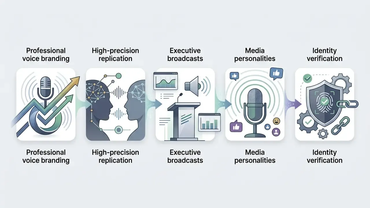 Sequential icons representing voice branding, neural replication, executive broadcasts, and identity checks
