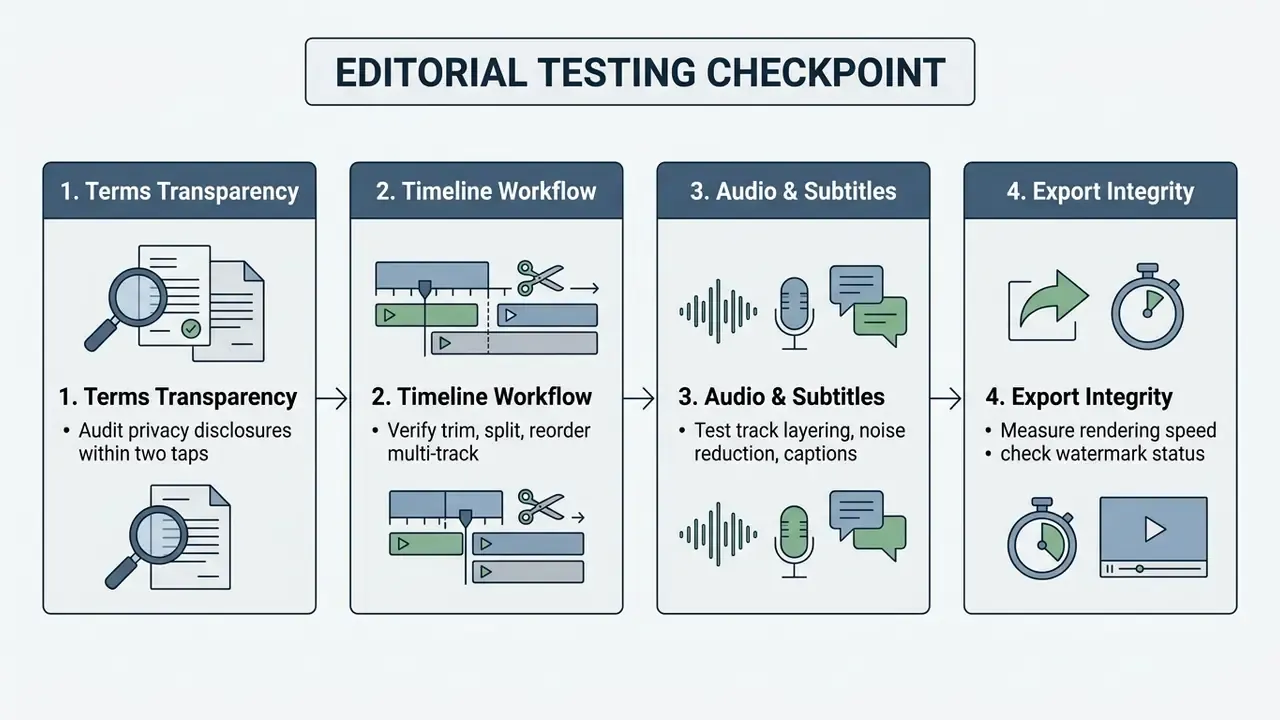 Four sequential steps outlining the quality assurance process for evaluating video editing software