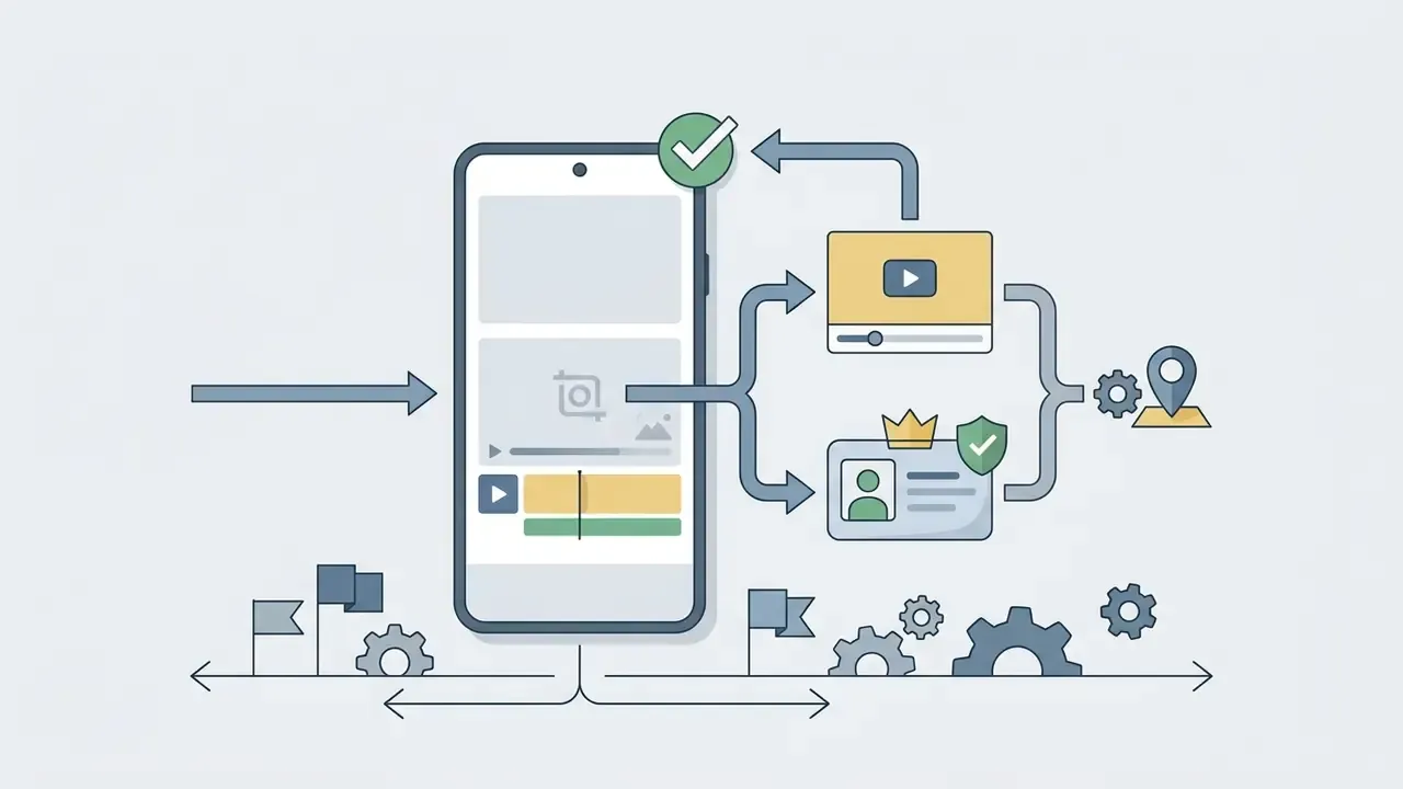 Mobile app interface branching into free video export and premium account subscription options