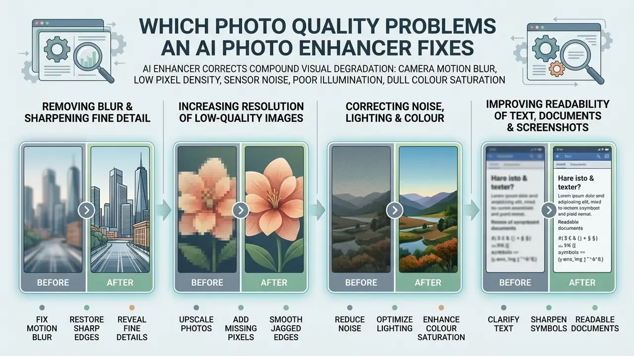 Infographic showing how an AI photo enhancer fixes blur, low resolution, noise, and illegible text