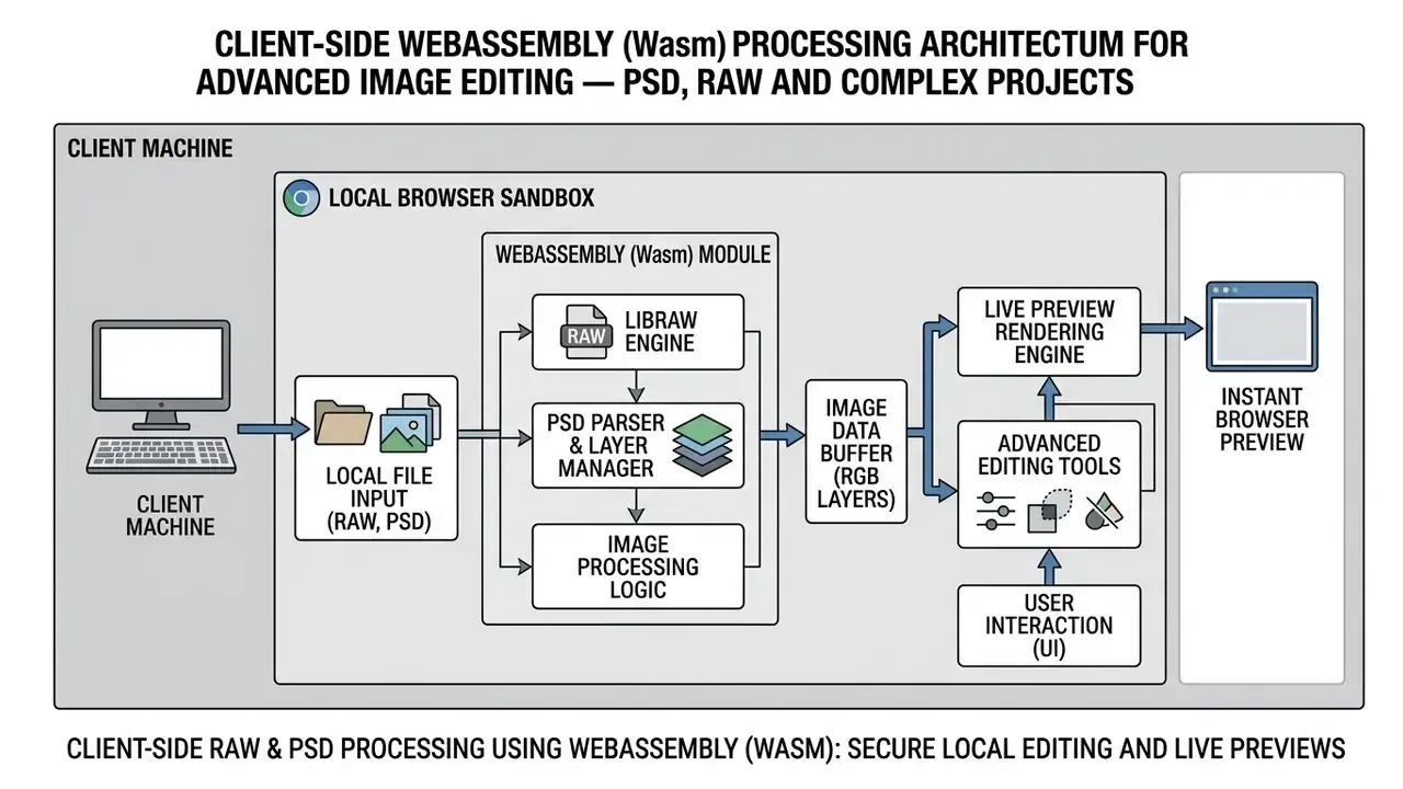 WebAssembly module processing local RAW and PSD files to render live image previews in a browser sandbox
