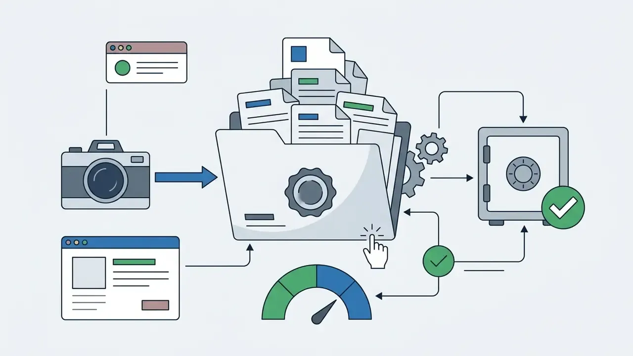 Camera and digital files flowing into a folder that archives documents into a secure vault with status gauge