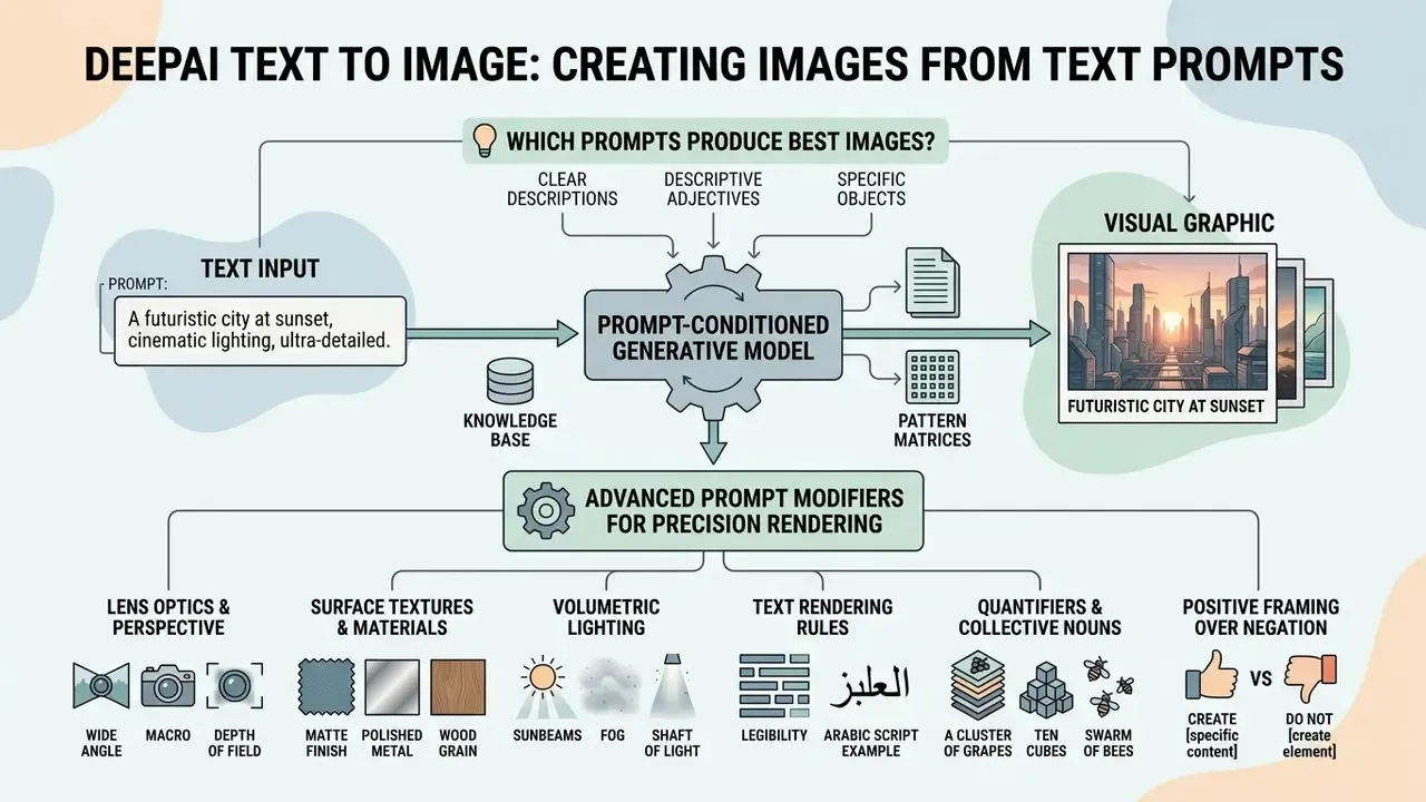 Diagram showing how DeepAI text generator prompts are refined with modifiers to create visual graphics