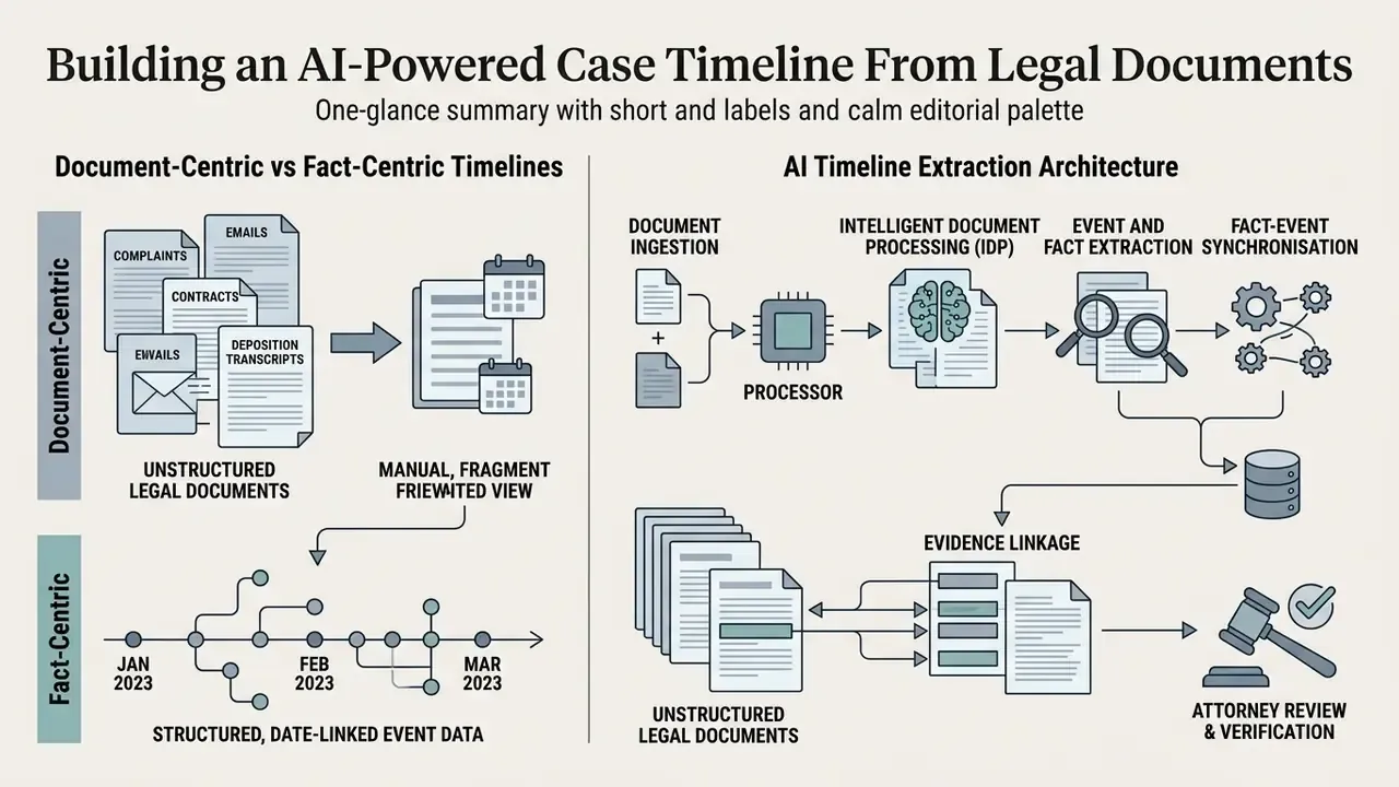 Diagram comparing manual document-centric timelines with automated AI extraction and evidence linkage