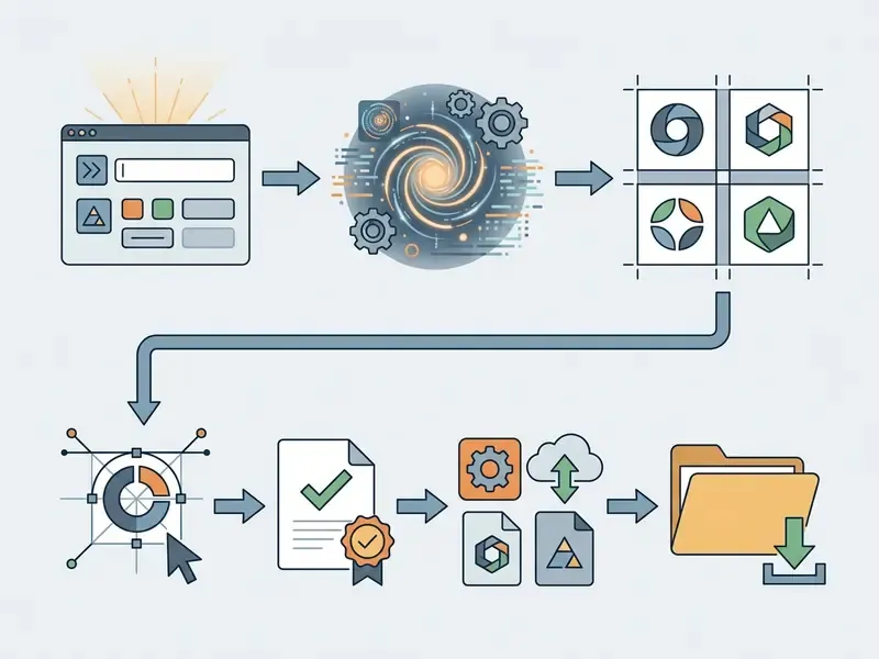 Flowchart showing an AI logo generation process from prompt input to final file download