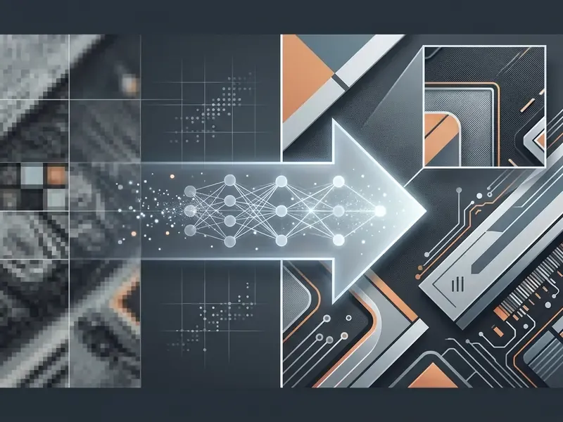 Pixelated image transforming into a sharp detailed graphic through a neural network processing arrow