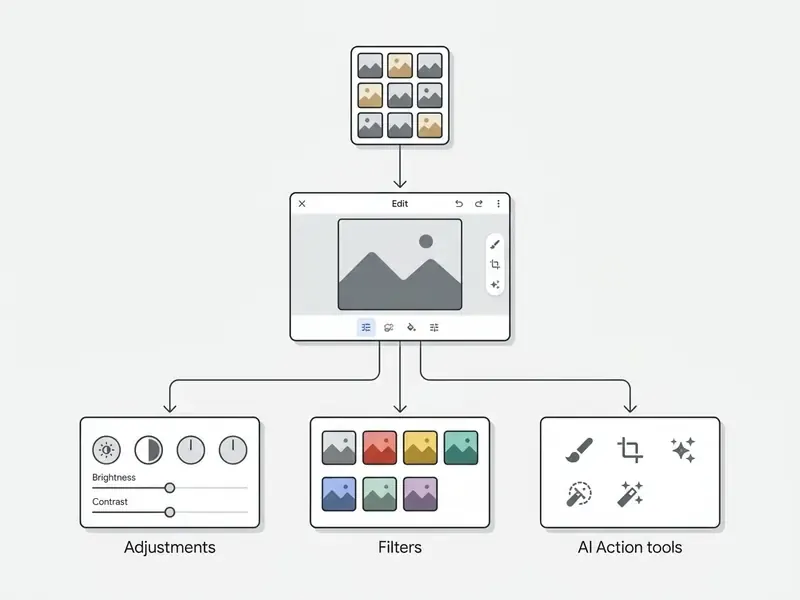Flowchart showing how the Google photo editor branches from the library into adjustment and AI tool menus