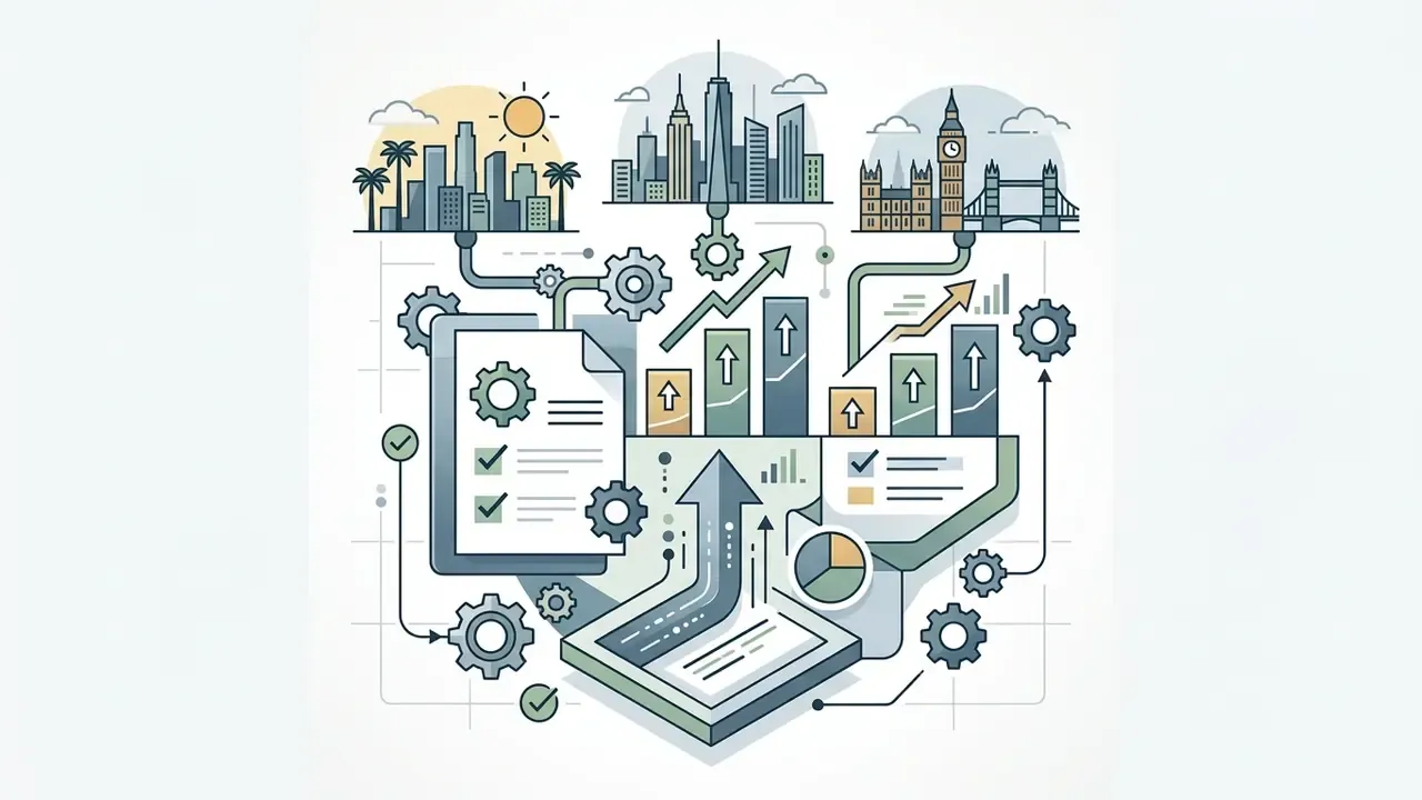 Skylines of major cities connected by gears to rising bar charts and documents representing salary data