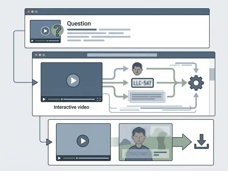 Process flow from user inquiry to video analysis of faces and text leading to a final exported file