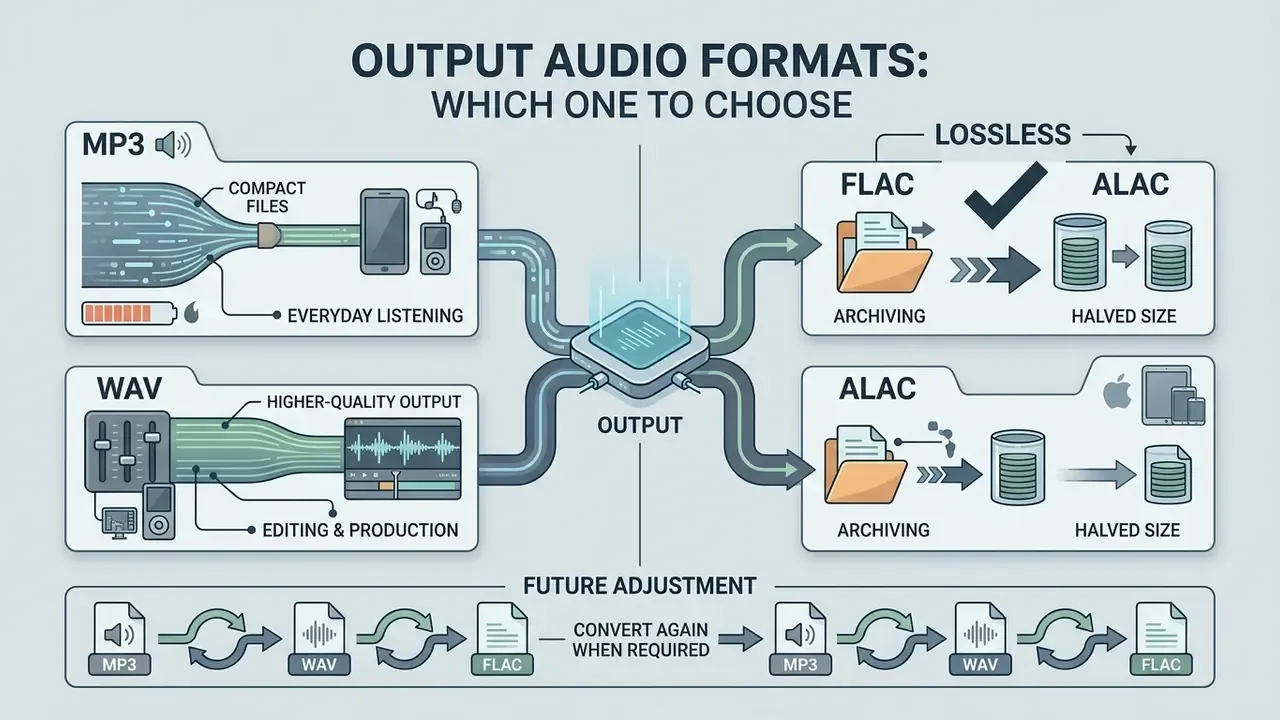 Comparison chart showing use cases for MP3, WAV, FLAC, and ALAC audio formats for file conversion