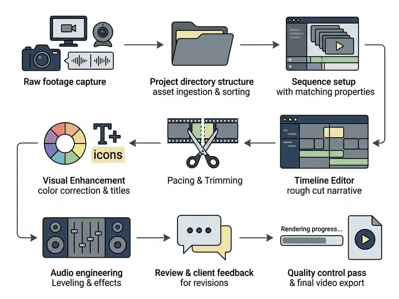 Sequential process flow showing stages from raw footage capture to final video export