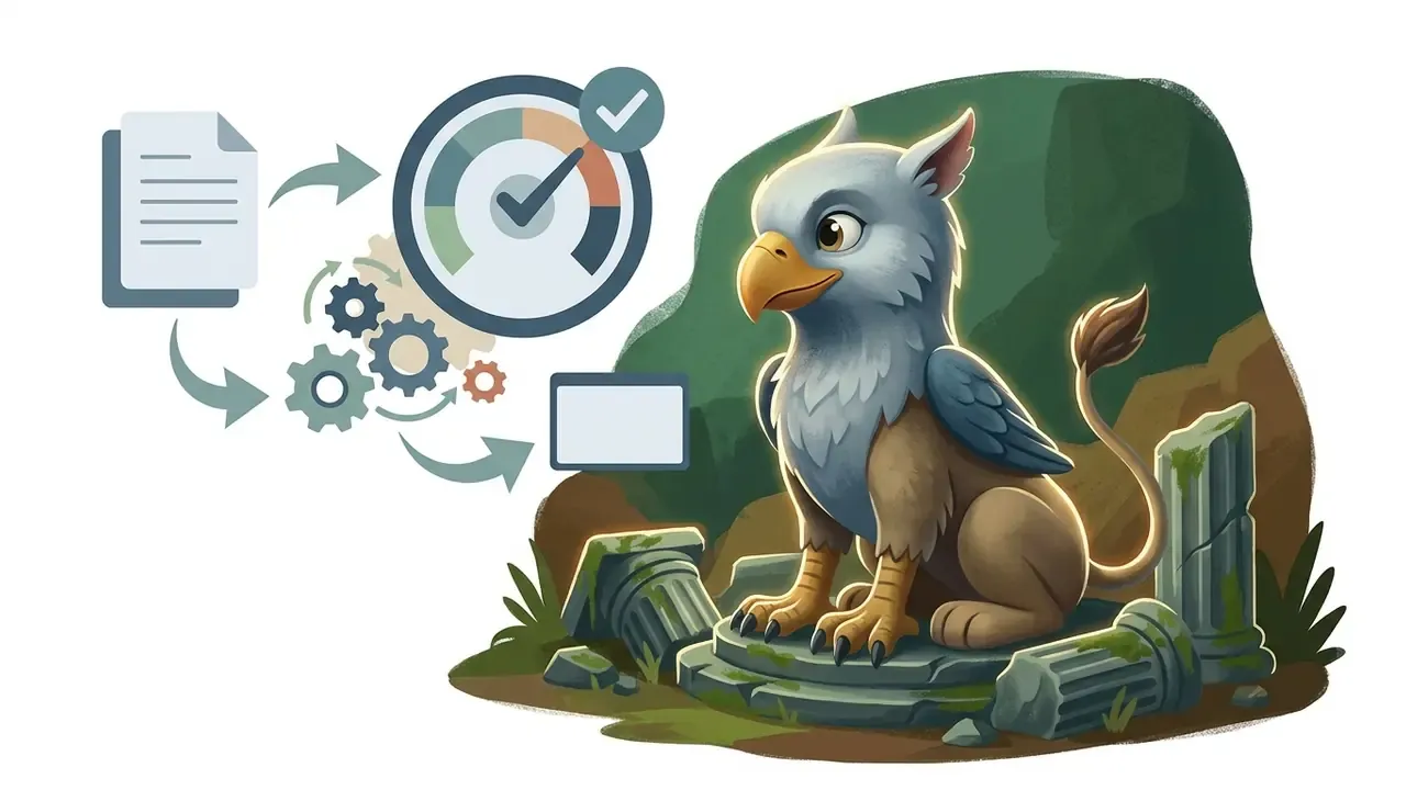 Stylized griffin cub sitting among ruins next to a document icon, gear symbols, and a progress gauge