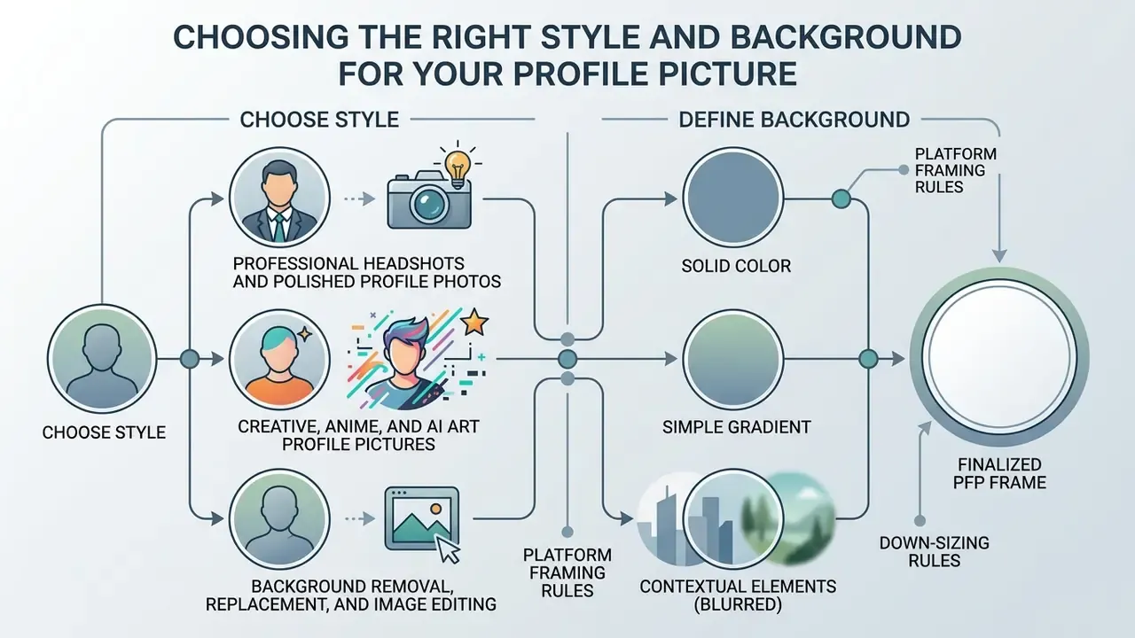 Flowchart comparing style selection and background definition options for creating profile avatars