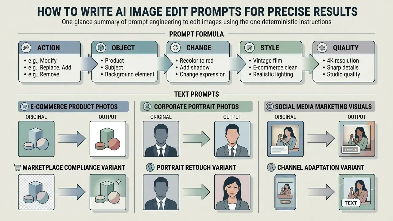 Structured guide showing a five-part prompt formula and examples for product, portrait, and social media