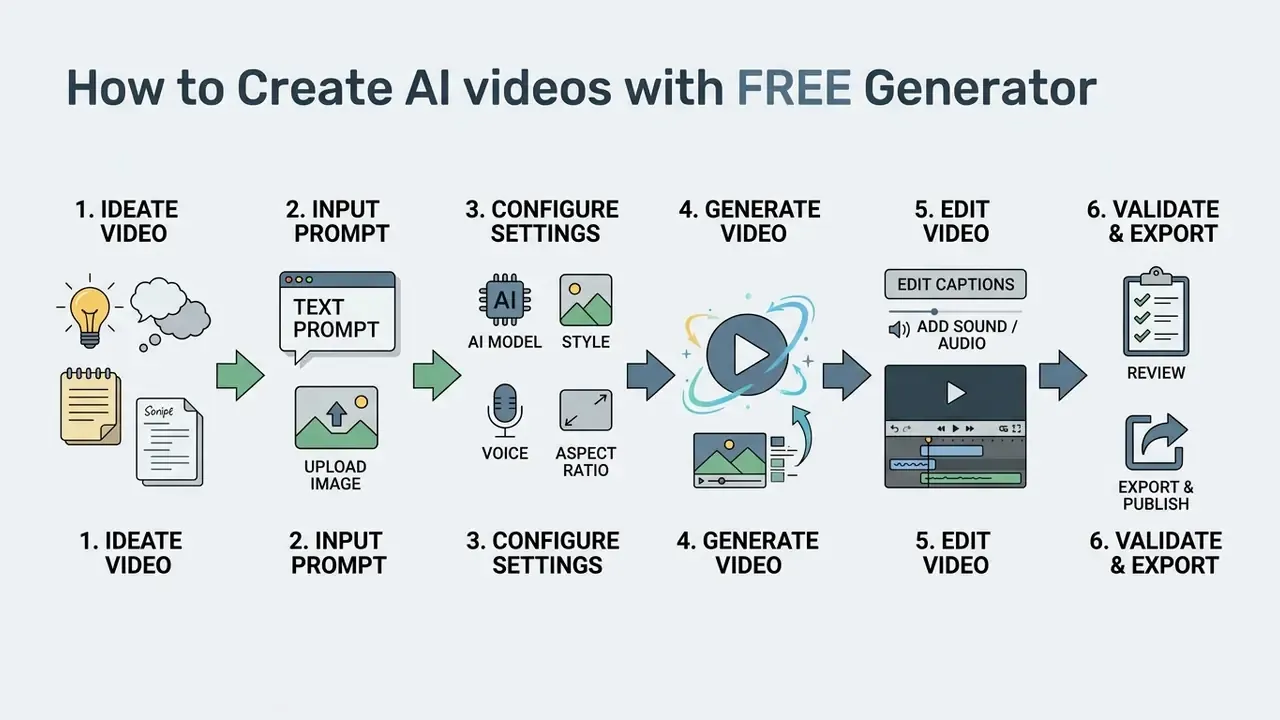 Six-stage flowchart illustrating the process of creating content with a free AI video generator