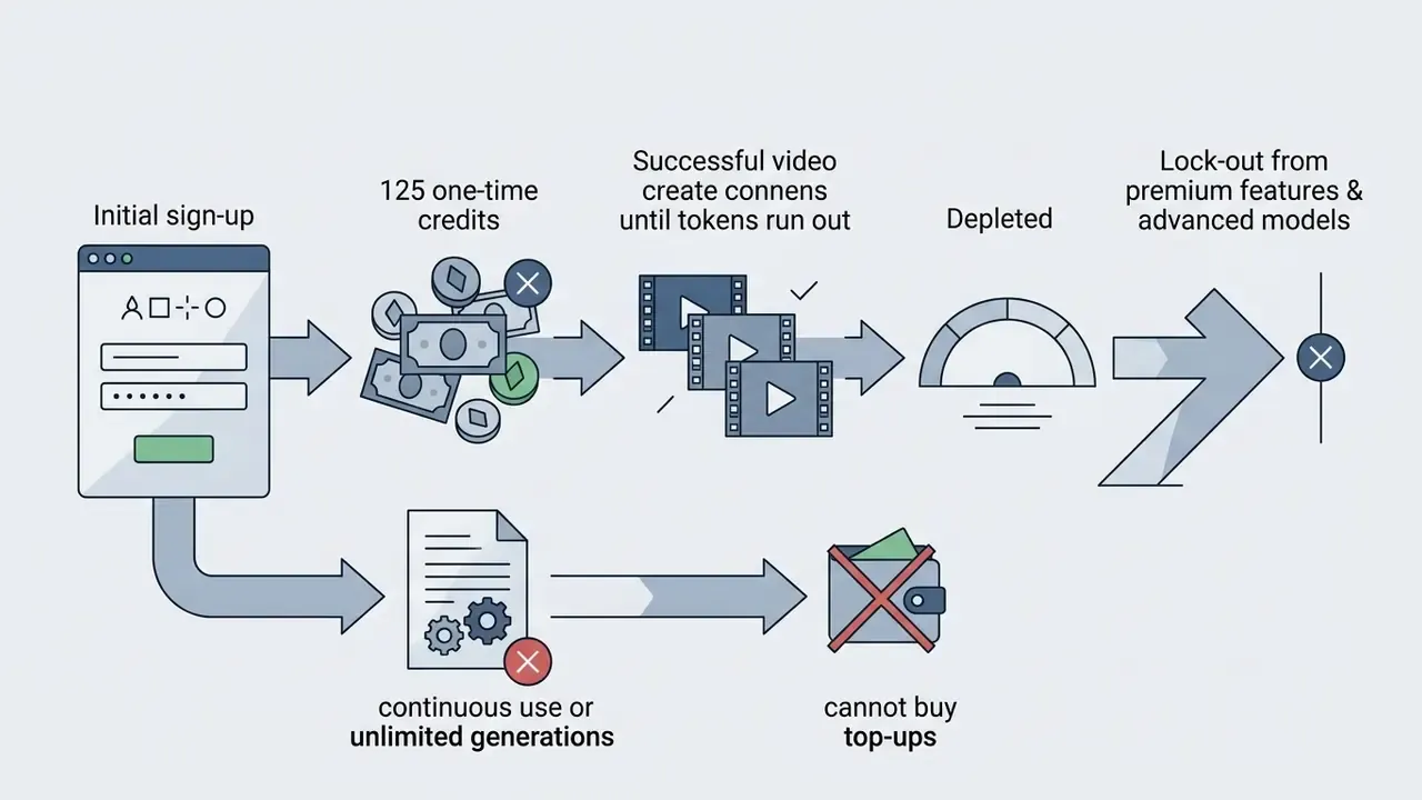 Process showing how a free AI text to video generator grants initial credits that expire after use