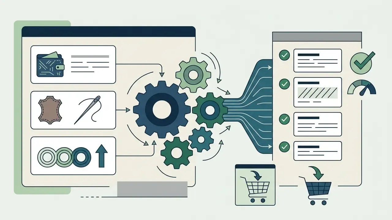 Digital process showing product details and materials feeding into mechanical gears to generate a sales checklist