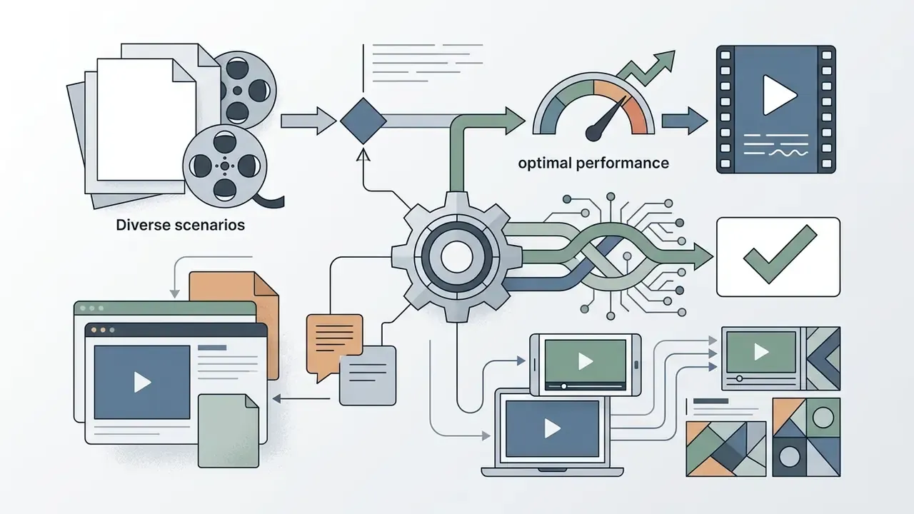 Central gear mechanism processing diverse video inputs into optimized media outputs and verified file formats